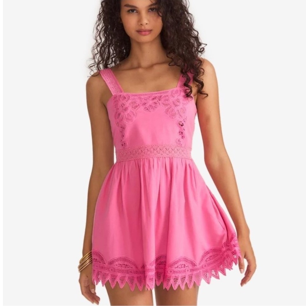 LoveShackFancy Tariah Pinafore Mini Dress Eyelet Detail Smocked Size 2 Pink - Picture 1 of 13